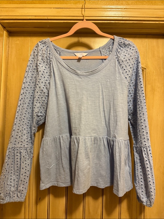 Time and Tru Tops - Time and Tru Powder Blue Eyelet Sleeve Peplum Tunic